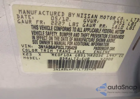 2012 Nissan Sentra 2.0 Sr from USA, damaged, VIN 3N1AB6APXCL735429